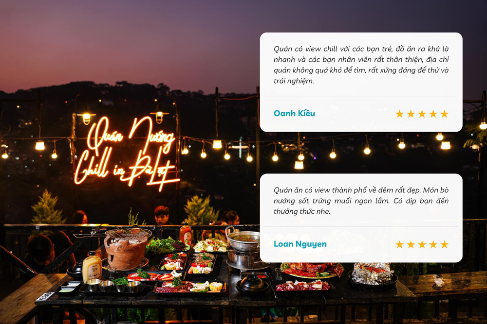 Quán có view ngắm thành phố Đà Lạt về đêm, đa dạng các món lẩu, nướng, nổi bật là món bò sốt trứng muối và rượu mơ đặc sản